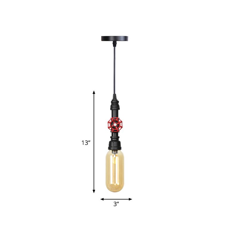 Pipe Metal LED Ceiling Light Antiqued 1 Head 3"/4" W Coffee House Hanging Lamp Kit in Black with Capsule Amber Glass Shade