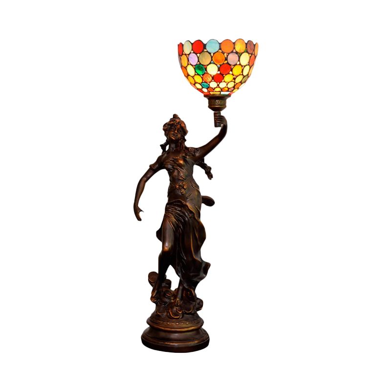 Stained Glass Coffee Night Lamp Woman Holding Torch Design 1 Head Tiffany Table Light