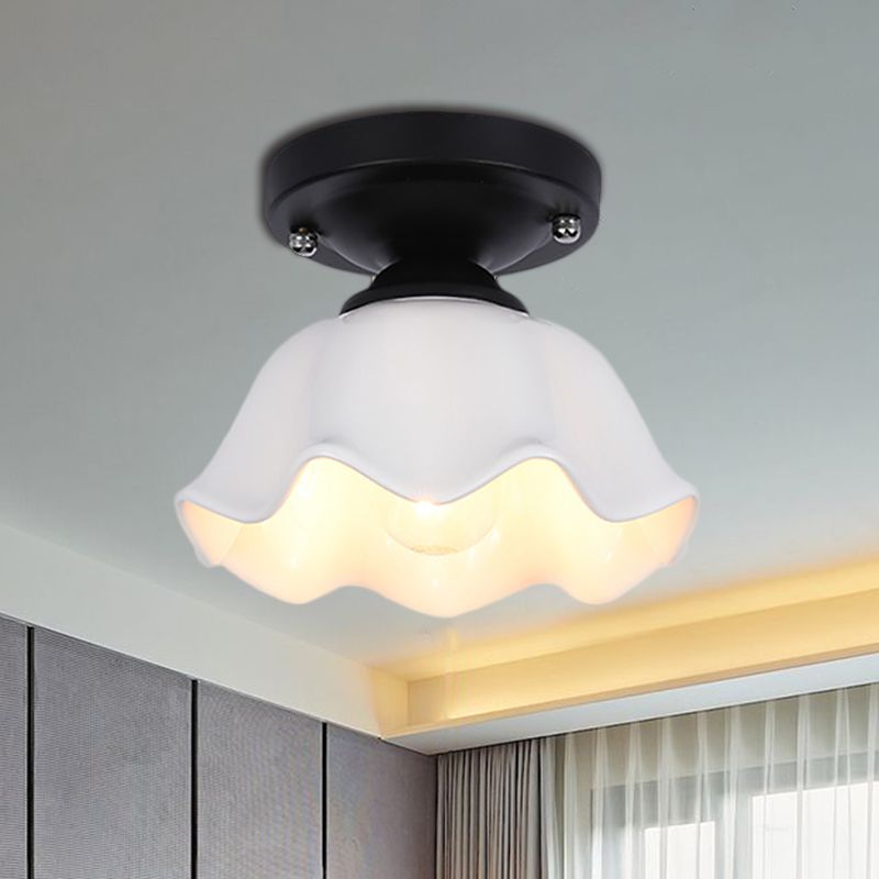 Scalloped Living Room Semi Flush Industrial Milky Glass One Light Black Lighting Fixture