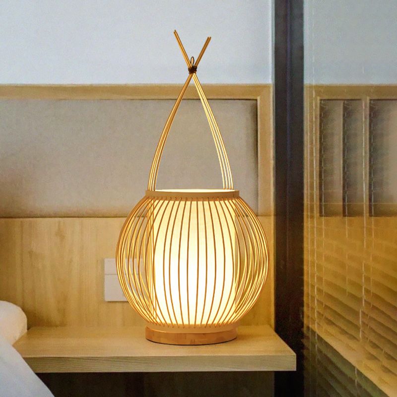 Beige Lantern Desk Light Asian Style Single Bulb Bamboo Night Table Lamp with Inner Tube Parchment Shade