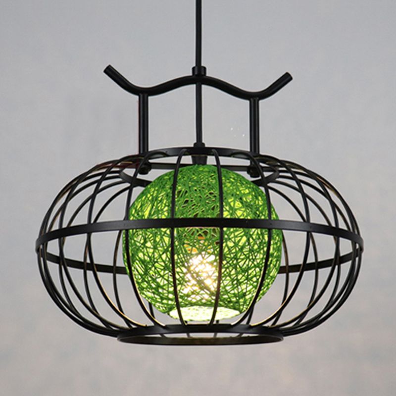 Metal Pumpkin Cage Hanging Pendant Light with Inner Rattan Ball Shade Asian Style 1 Light Suspension Lamp in Red/Yellow