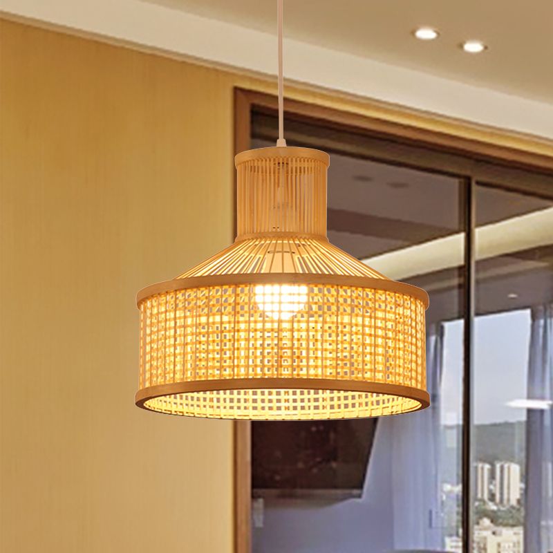 Lampada cinese 1 lampada a ciondolo bulbo beige intrecciata a mano sospesa con tonalità di bambù