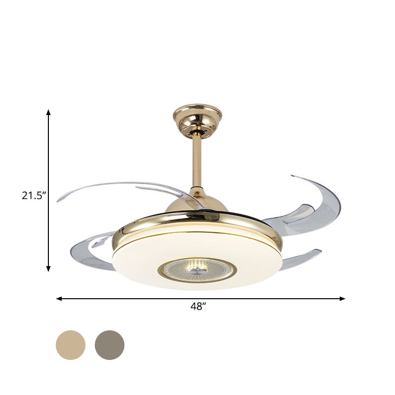 Acrylic Round Semi Flushmount Modern Bedroom 48" Wide LED Hanging Fan Light Fixture in Nickel/Gold with 4 Blades