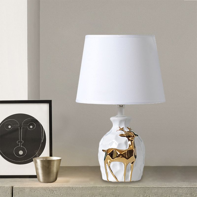 1-Bulb Tapered Desk Light Countryside White Fabric Night Table Lamp with Deer Vase Base, 11"/14"/15" Wide