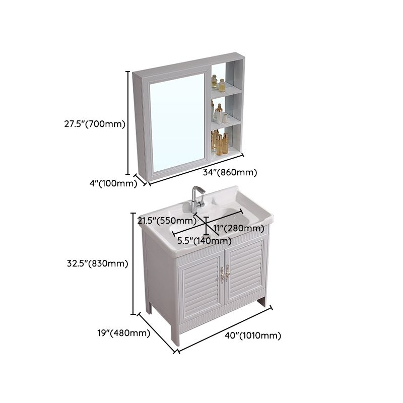 White Freestanding Vanity Rectangular 2 Doors Metal Frame Mirror Single Sink Vanity