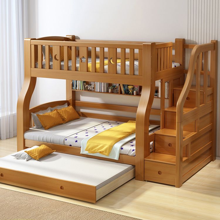 Walnut Standard Bunk Bed with Twin Trundle Solid Wood High Bunk Bed