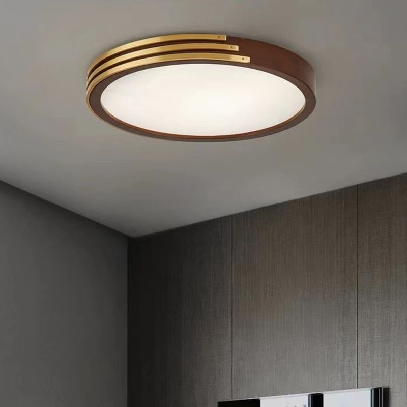 1-Light Round Flush Mount Modern Wood Flush Light in Brown for Bedroom