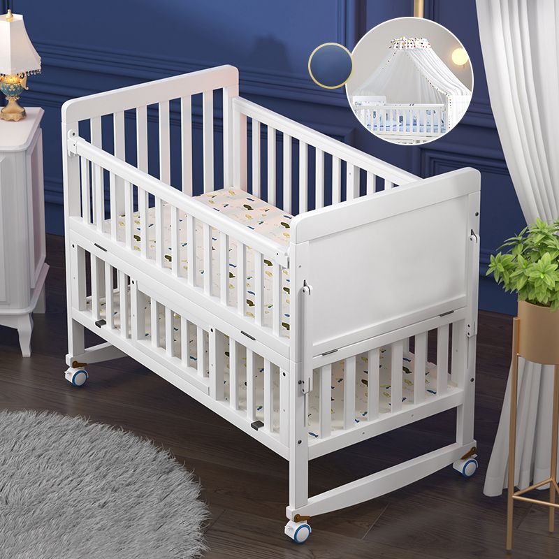 Rectangle White Solid Wood Crib 5-In-1 Convertible Crib with Casters