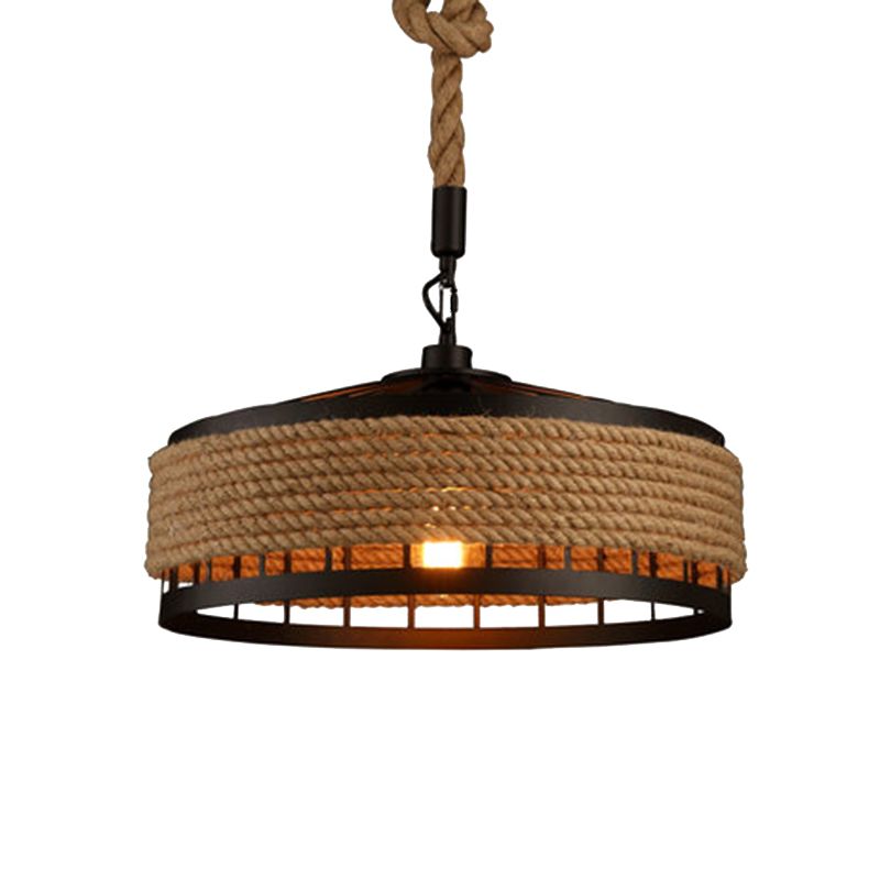 Geometric Metallic Pendant Light Antique 1-Light Restaurant Hanging Light Fixture with Hemp Rope in Brown