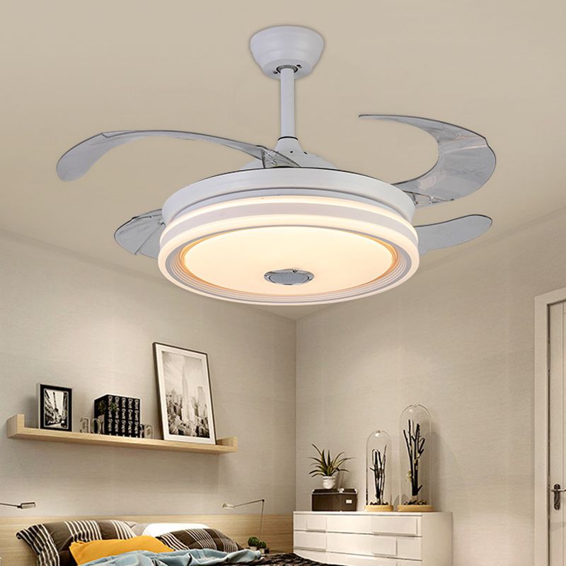 Circle Metal Ceiling Fan Light Modern LED 42" Wide Living Room Semi Flush Mount Lighting in White with 4 Blades, Remote/Wall Control/Remote and Wall Control