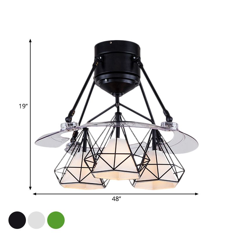 Metal Diamond Frame Semi Flush Minimalism 3-Light Black/White/Green 4-Blade Ceiling Fan Lighting for Bedroom, 48" Wide