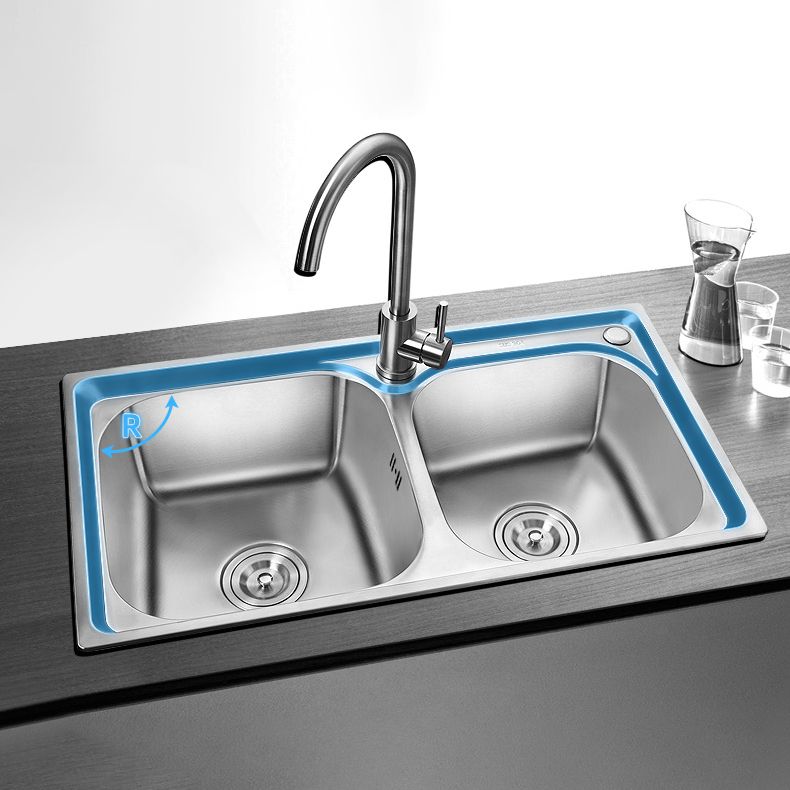 Rectangle 2 Holes Kitchen Sink with Basket Strainer Stainless Steel Double Basin Sink