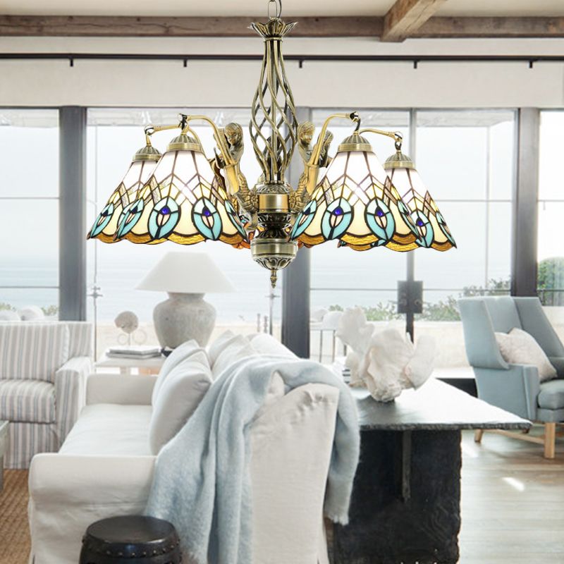 5 Lights Hanging Chandelier Tiffany Peacock Stained Glass Pendant Light Fixture in White