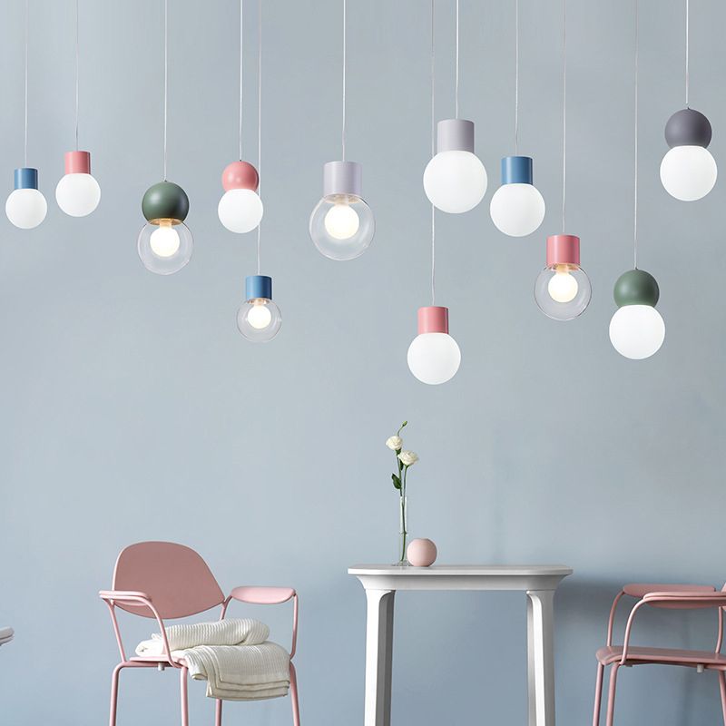 Glass Ball Pendant Lamp Macaron 1 Bulb Multi Colored Hanging Light for Restaurant Bedroom