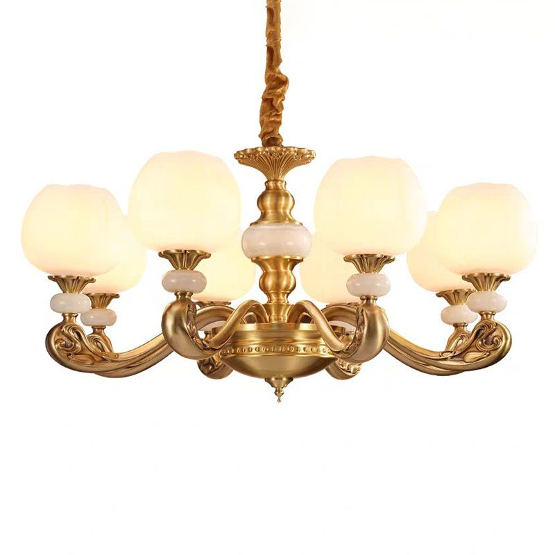 Opal Glass Bud Pendant Chandelier Modern Style Brass Suspension Lighting with Curved Arm