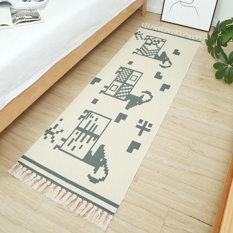 Multi-Colored Vintage Rug Cotton Blend Tribal Patterned Area Rug Washable Stain-Resistant Carpet with Tassel for Room