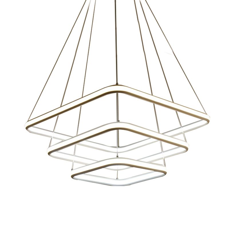 White Acrylic Hanging Chandelier Simple Layered Square LED Ceiling Pendant in White/Warm Light