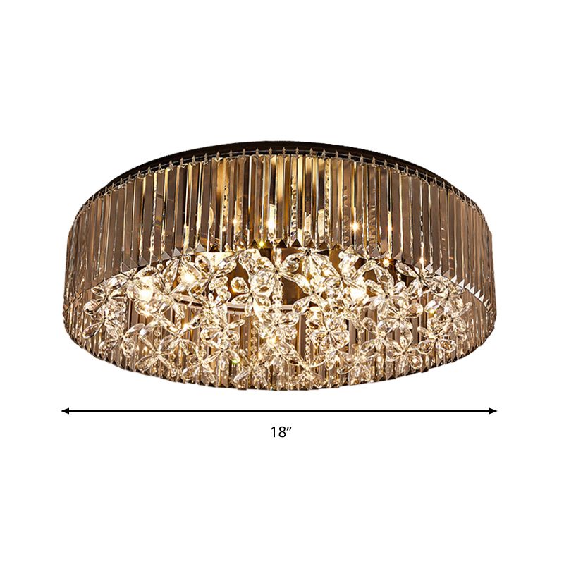 Black Round Recessed Mount Light Contemporary 4 Lamp Crystal Rod Ceiling Light, Warm Light