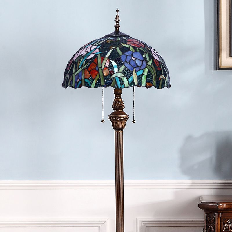 Green 2 Heads Standing Light Decorative Flower Stained Glass Bowl Pull Chain Floor Lamp