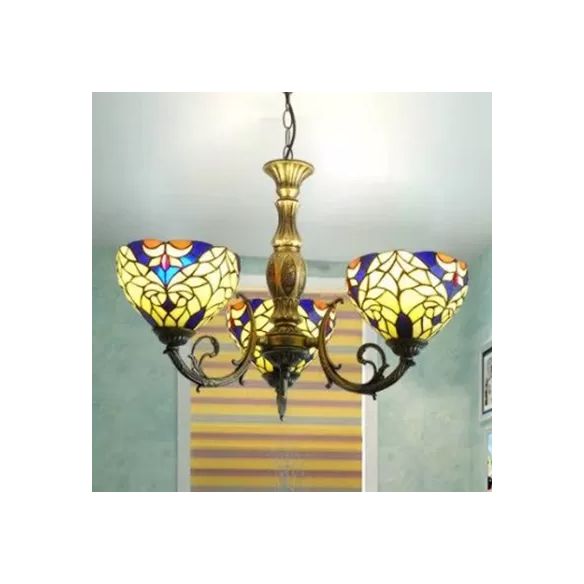 Tiffany Style Chandelier Living Room Lamp, 3 Lights Art Glass Pendant Lighting in Aged Brass with Bell Shade