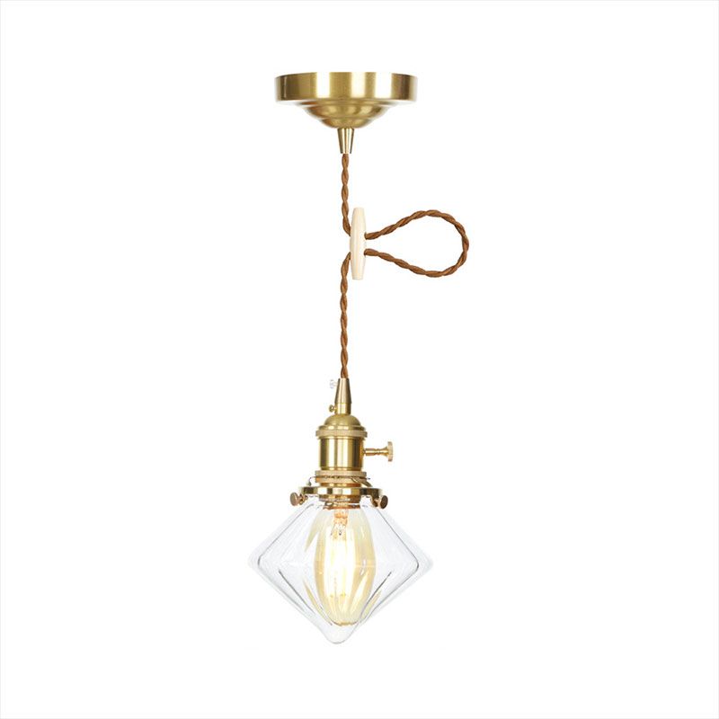 Single Light Gem Suspension Light with Clear Ribbed Glass Vintage Pendant Light in Brass