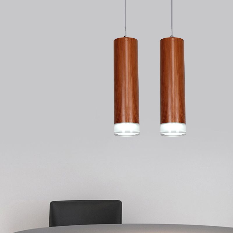 11"/19"/27" H Cylinder Hanging Light Kit with Wood Grain Shade Minimal Metal Single Head Brown Hallway LED Ceiling Pendant Light in Warm/White