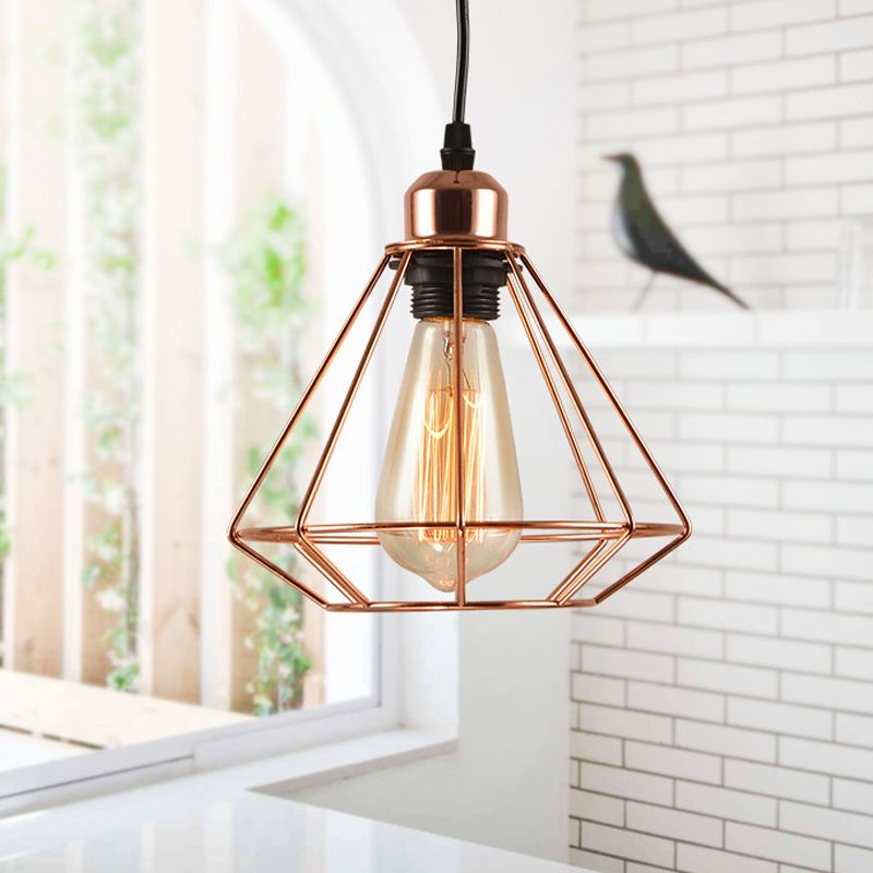 Iron Rose Gold Suspension Light Diamond Cage 1-Bulb Industrial Ceiling Pendant Lamp