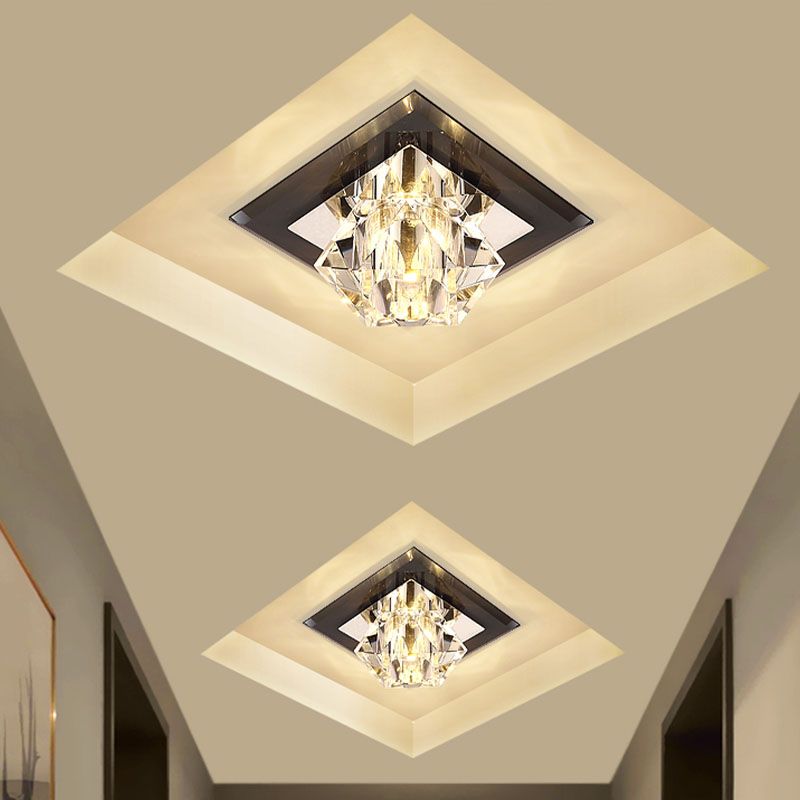 LED Flush Mount Modernism Diamond Clear Crystal Close to Ceiling Lamp in Black with Square Panel