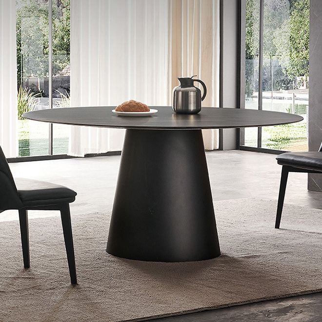 Round Dining Table Stone Top Dining Table in Black with Pedestal