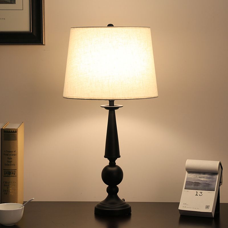 1 Bulb Tapered Drum Shade Night Lamp Rustic White Fabric Table Lighting with Column Pedestal