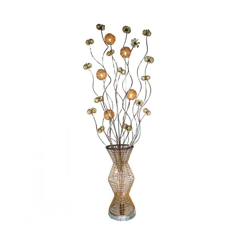 Gold LED Stand Up Lamp Art Dekor Metallic Bambuskorb Form Lesenbodenlichter mit Blumendekoration