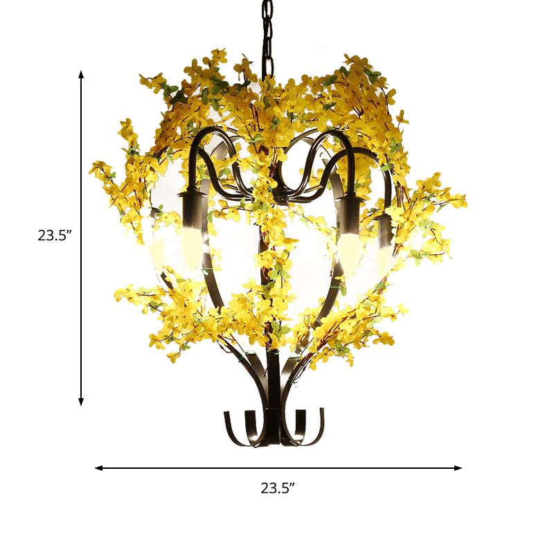 5 Heads Lantern Ceiling Pendant Industrial Yellow Metal Chandelier Light with Flower Decoration