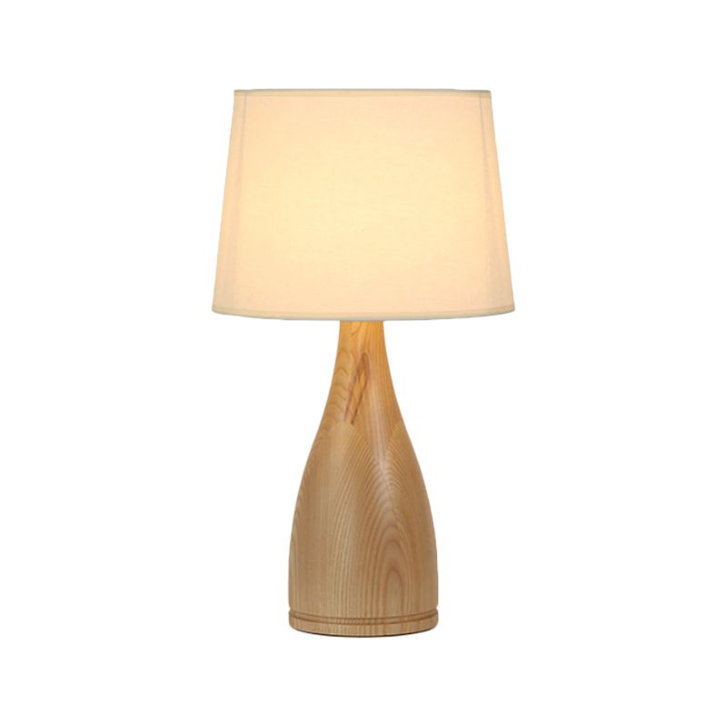 Tapered Drum Night Light Minimal Fabric Single Bedside Table Lighting with Vase Pedestal in Wood