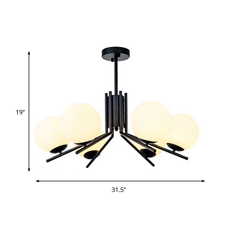 Milky Glass Global Semi Flush Modernism 6 Bulbs Black Ceiling Mount Light Fixture for Bedroom