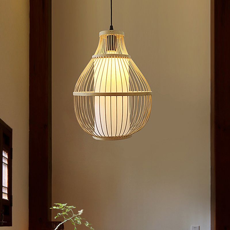 Beige Pear Hanging Lamp Chinese 1 Head Bamboo Ceiling Pendant Light for Dining Room