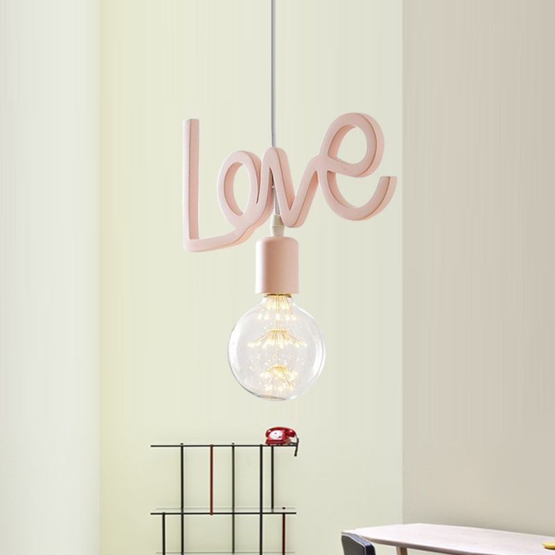 Macaroon Bare Bulb Drop Lamp Resin 1 Bulb Living Room Pendant in Pink with Letter Design