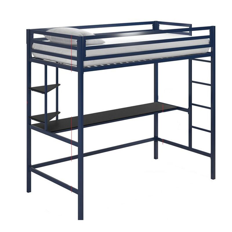 Modern High Loft Bed with Metal Guardrail and Built-In Ladder and Shelves