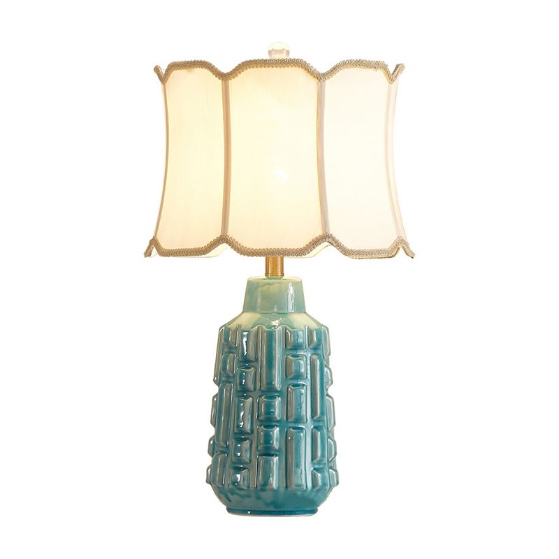 Fabric Scalloped Bell/Drum Table Lamp Vintage 1 Bulb Parlor Nightstand Light with Ceramic Pot Base in Blue