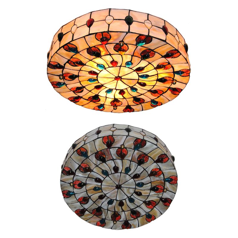 Stained Glass Ceiling Light Fixture, Drum Semi Flush Light with Jewel Decoration Tiffany Style