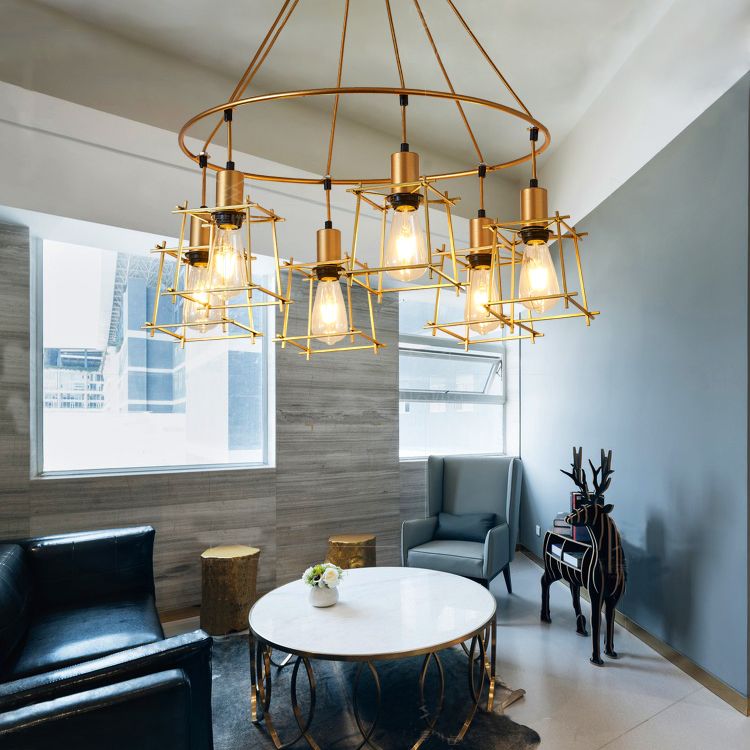 Retro Stylish Ring Chandelier Lighting with Squared Cage Shade 6 Bulbs Iron Hanging Light in Gold