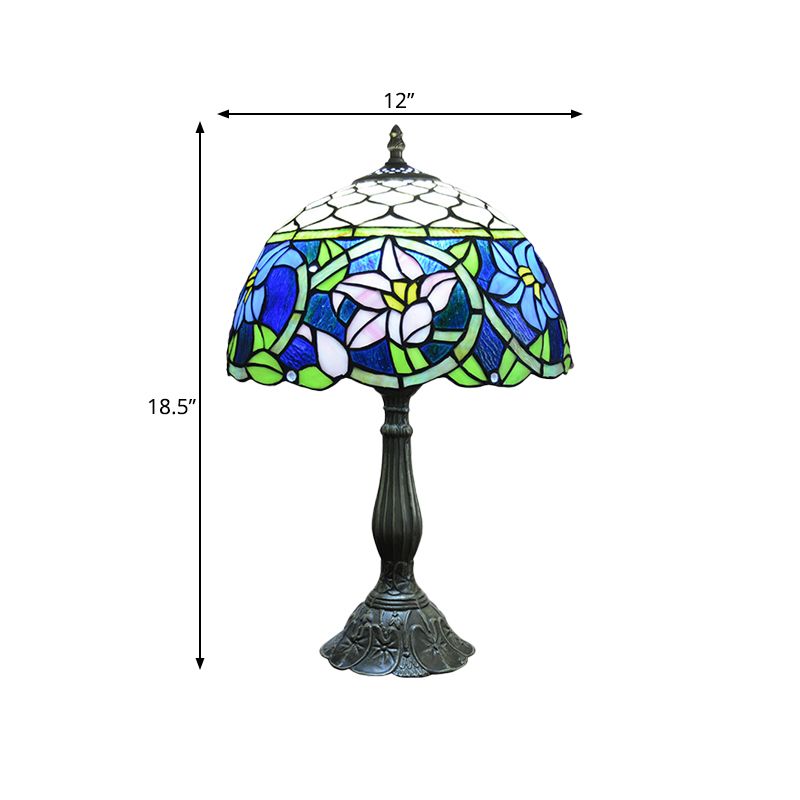 Daffodils Blue Glass Night Light Mediterranean 1-Light Bronze Table Lighting with Fishscale Element