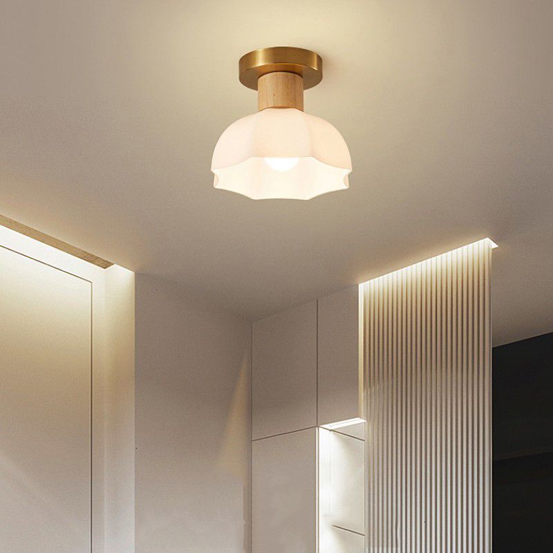 1-Light Ceiling Light Modern Wooden Ceiling Mount Light with Glass Shade for Living Room