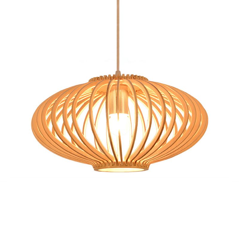 Contemporary Style Lantern Design Hanging Light Wooden 1 Light Living Room Pendant Lamp in Beige