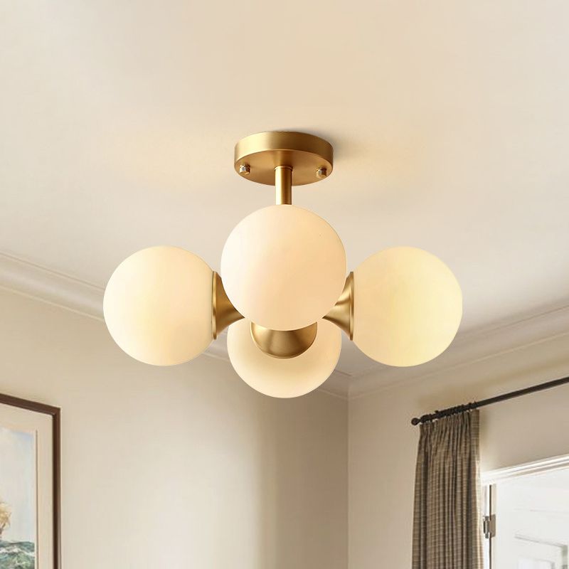 Ball Kitchen Ceiling Mount Light Opaline Glass 4 Bulbs Postmodern Semi Flush Light Fixture in Gold