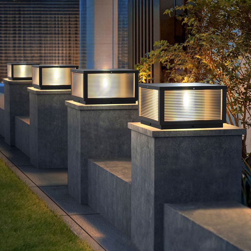 Modern Solar Energy Pillar Lamp Black Square Outdoor Light for Garden