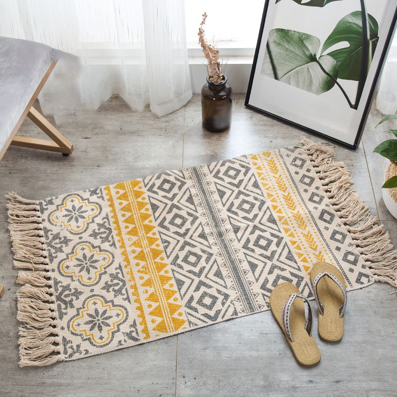 Multicolor Ethnic Print Rug Cotton Bohemian Carpet Washable Indoor Rug for Living Room