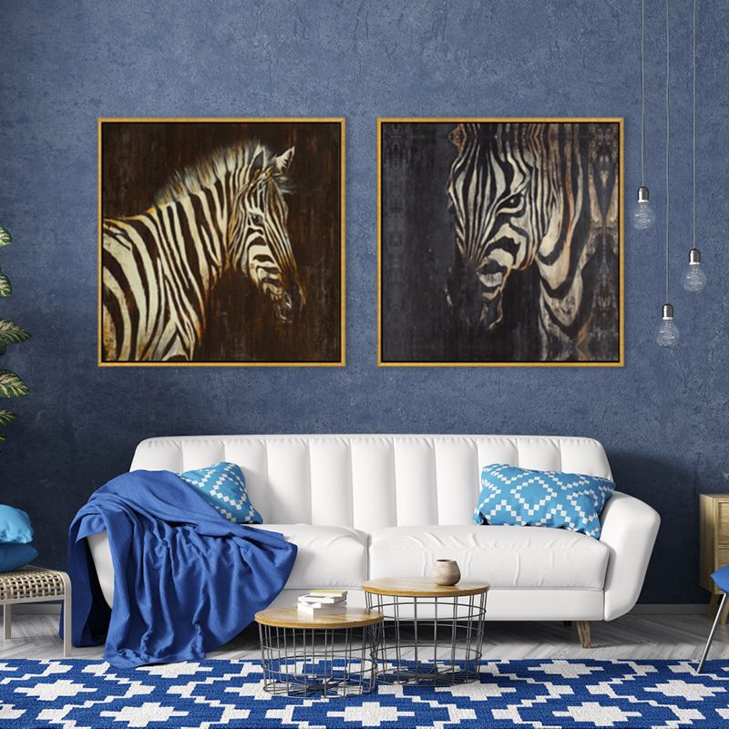 Retro Painting Print Zebra Canvas Brown Textured Wall Art Decor for Sitting Room