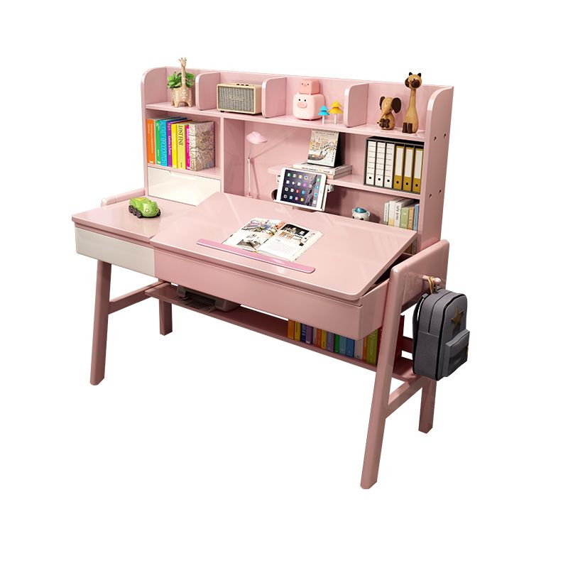 Wood Adjustable Desk and Chair 2 Drawers Kids Writing Desk with Bookshelf