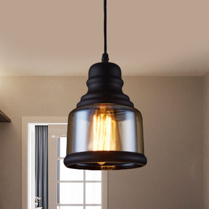 Industrial Jar-Shape Pendant Light Kit 1 Head Clear Glass Ceiling Hang Fixture in Black