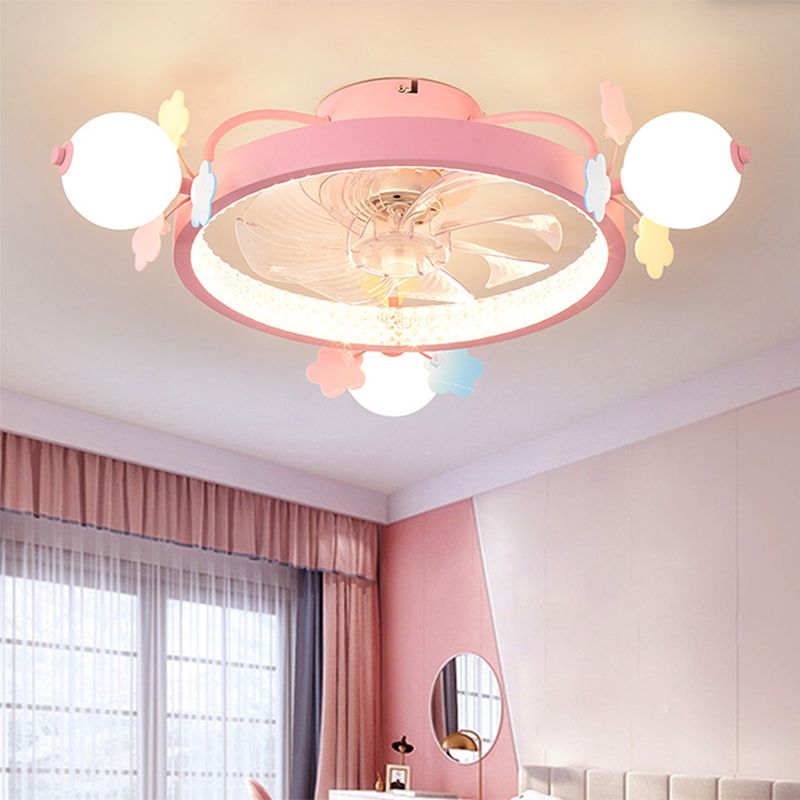 Macaron Circular Ceiling Fan Light Fixture Metal Childrens Bedroom LED Semi Flush Mount